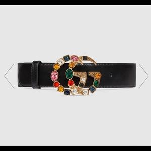 New Gucci Black leather belt w colored crystals 85